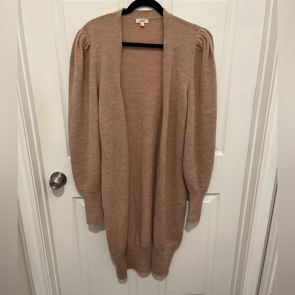 NWOT LADAIRE Open-Front Merino Wool Cardigan With Puffed Sleeves Size L